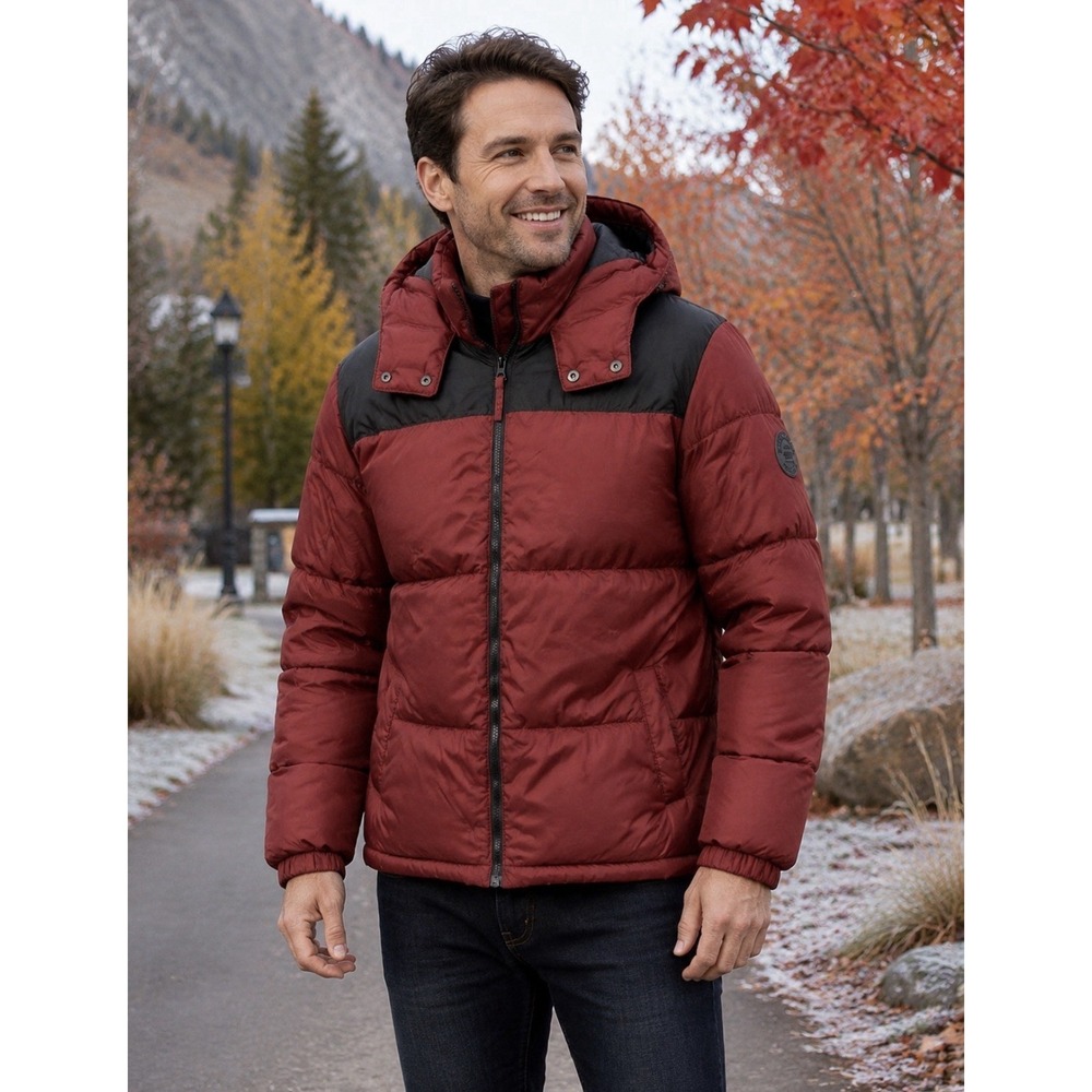 Bass Creek Outfitters Puffer Jacket Mens Medium Burgandy & Black Zip Hooded Coat
